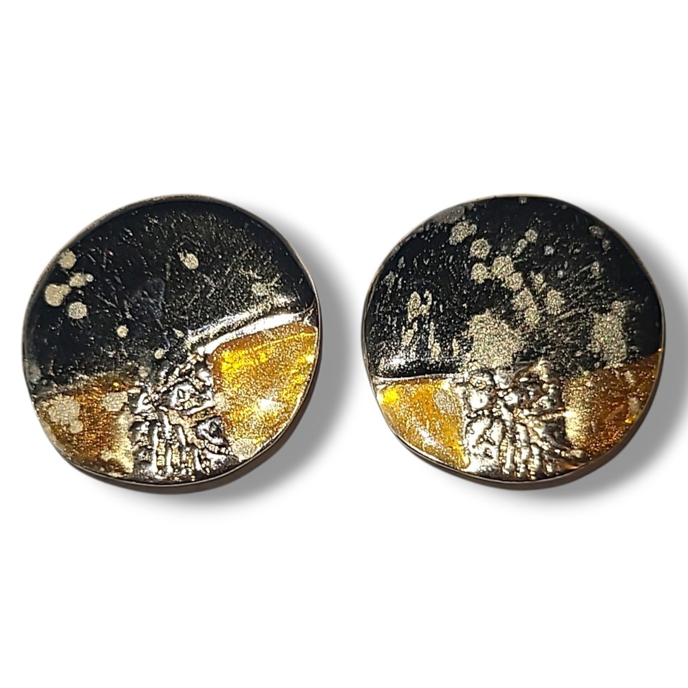 Vintage 80s Black Gold Clip On Earrings Round Abstract Textured Statement‎